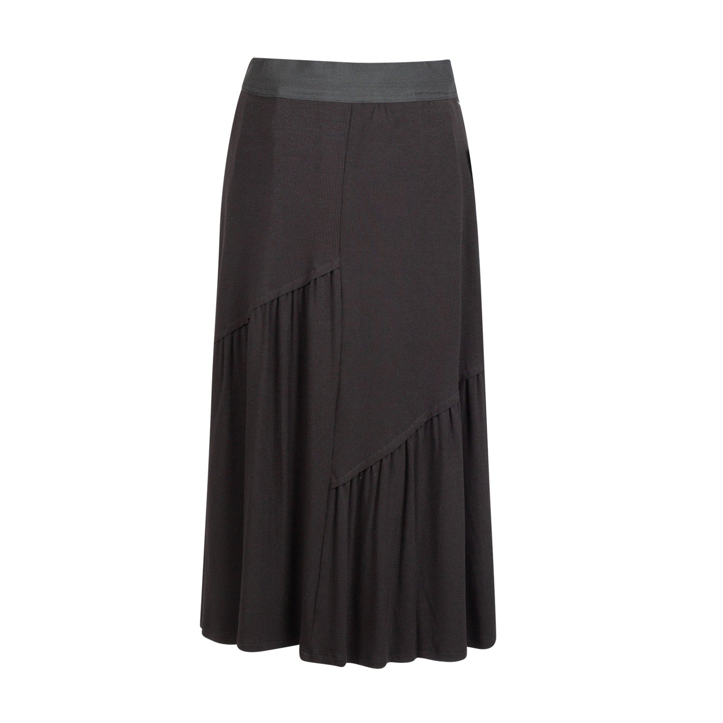 S6940-LIN-33" Modal Rib Assymetrical Ruffled Skirt , Black