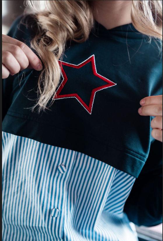 777-373 Star Embroidery Hoody, Navy Stripe