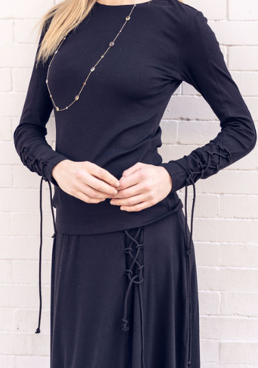 RH-ST-11026 Drawstrings on Sleeves Top Set, Black