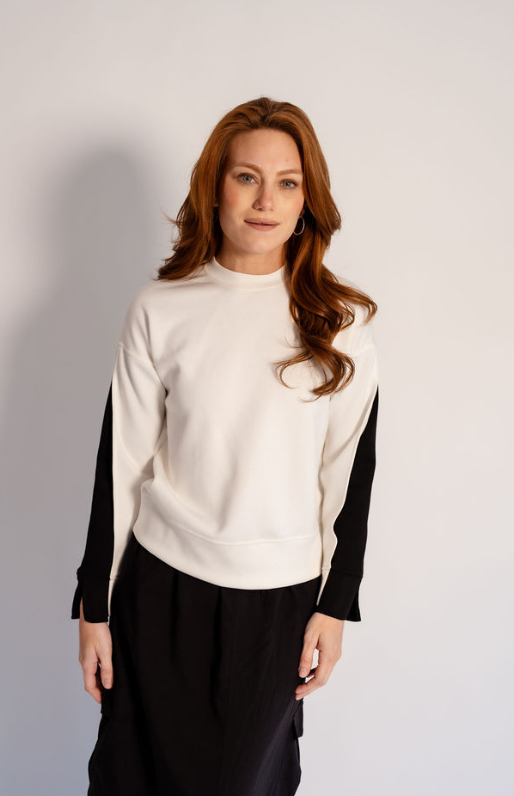 RH-LT-11043 Black Insert on Sleeve Top, White