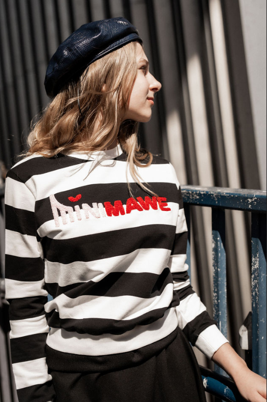 777-366 Stripe Sherpa Embroidery Top, Blk Off White