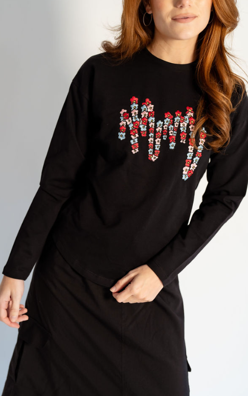741-445 Flower Embroidery Top, Black