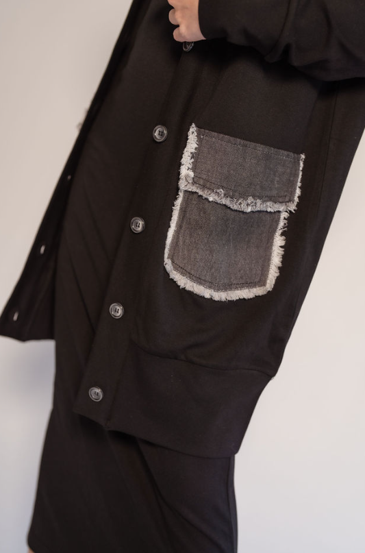741-498 Denim Pocket Cardigan, Black
