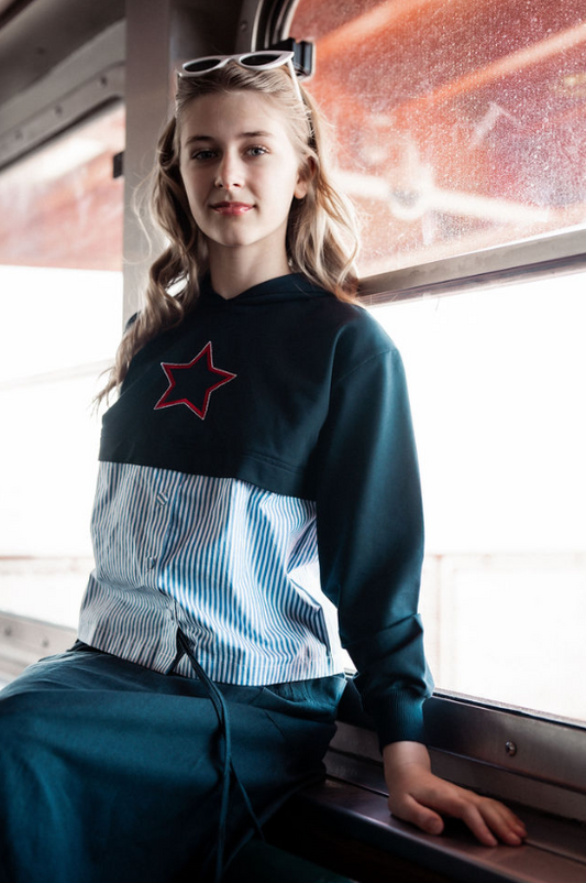 777-373 Star Embroidery Hoody, Navy Stripe