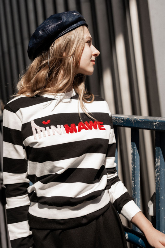 777-366 Stripe Sherpa Embroidery Top, Blk Off White